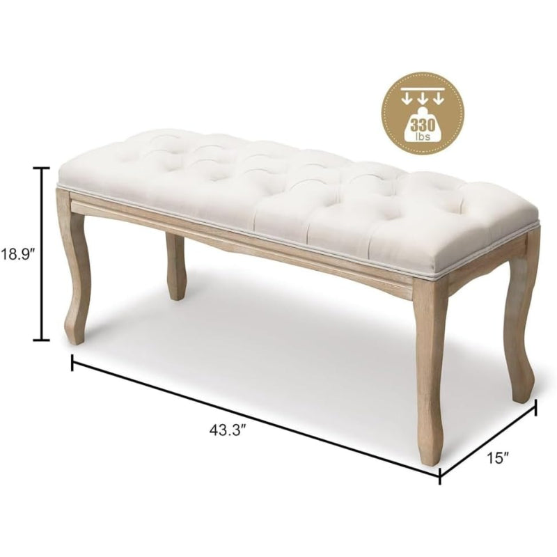 Beige French Vintage Tufted Linen Upholstered Bench