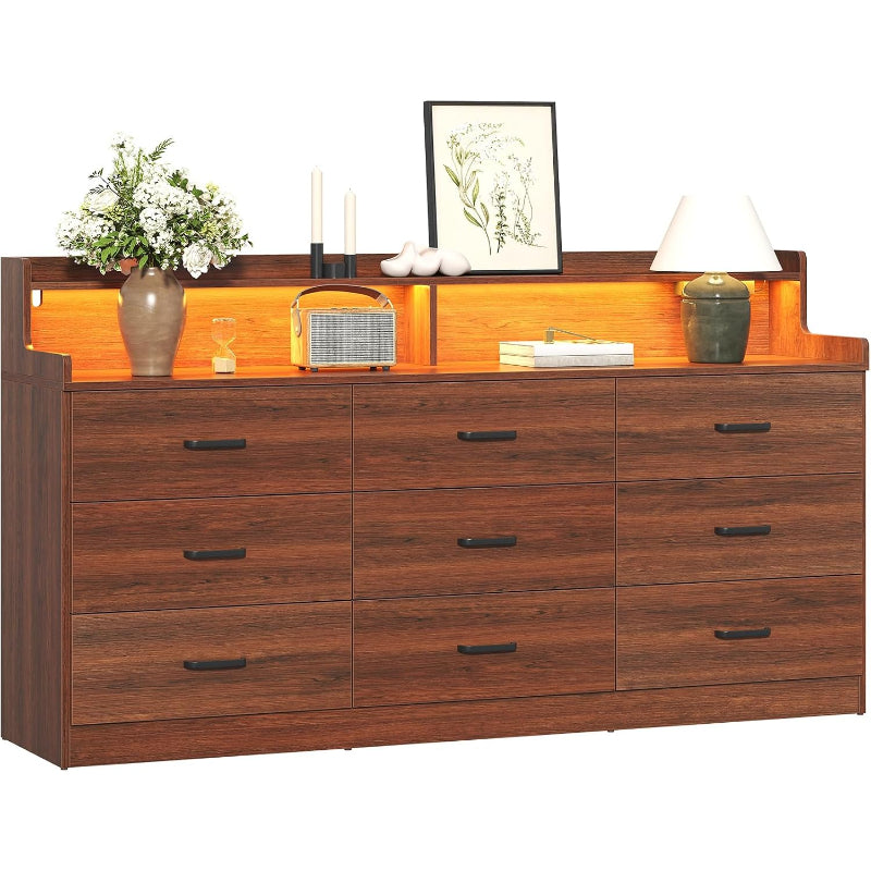 Walnut‑Brown 9‑Drawer LED Dresser