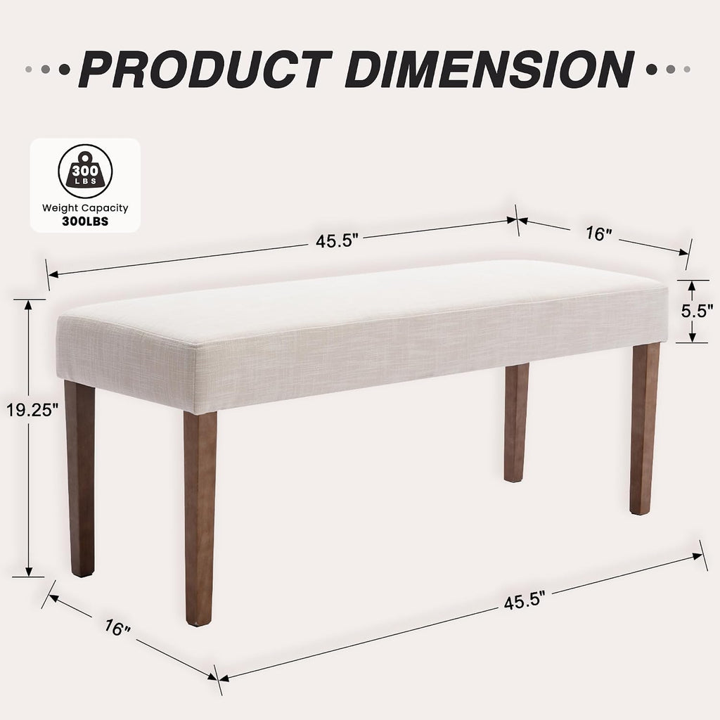 Beige Linen Farmhouse Wood‑Leg Bench