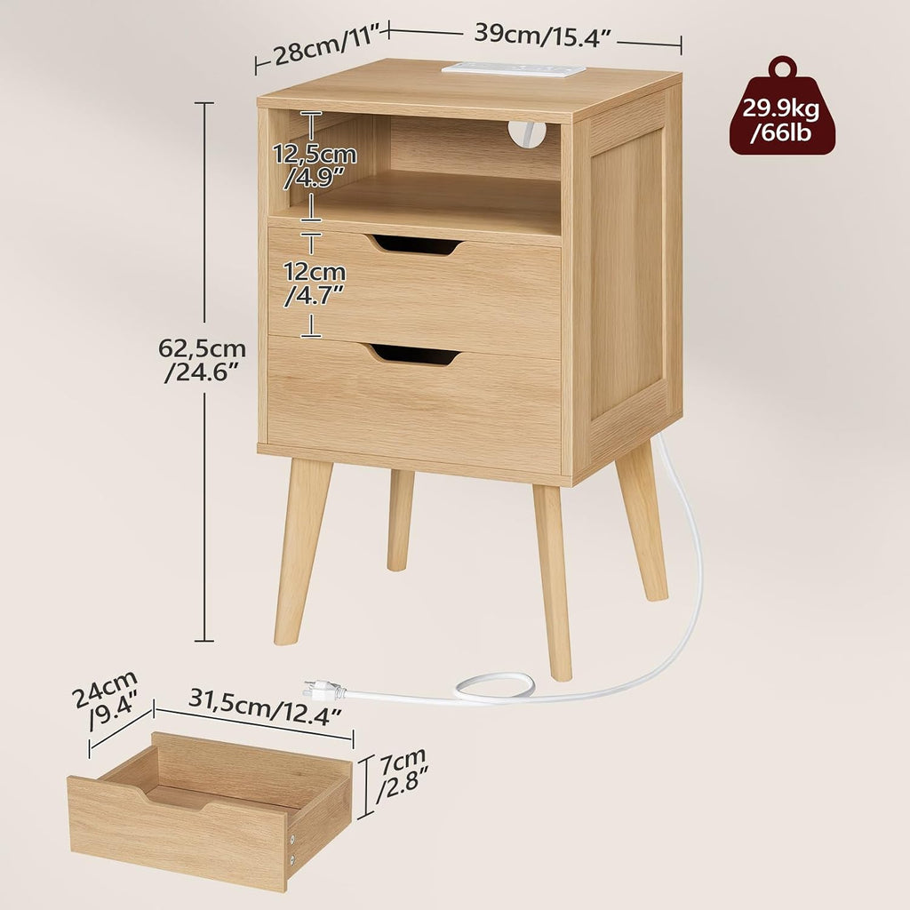 Nightstand 2 Drawers Charging Station