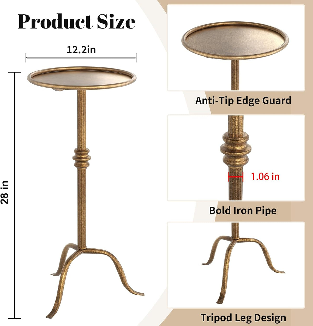Vintage Bronze Round Martini Tray Side Table