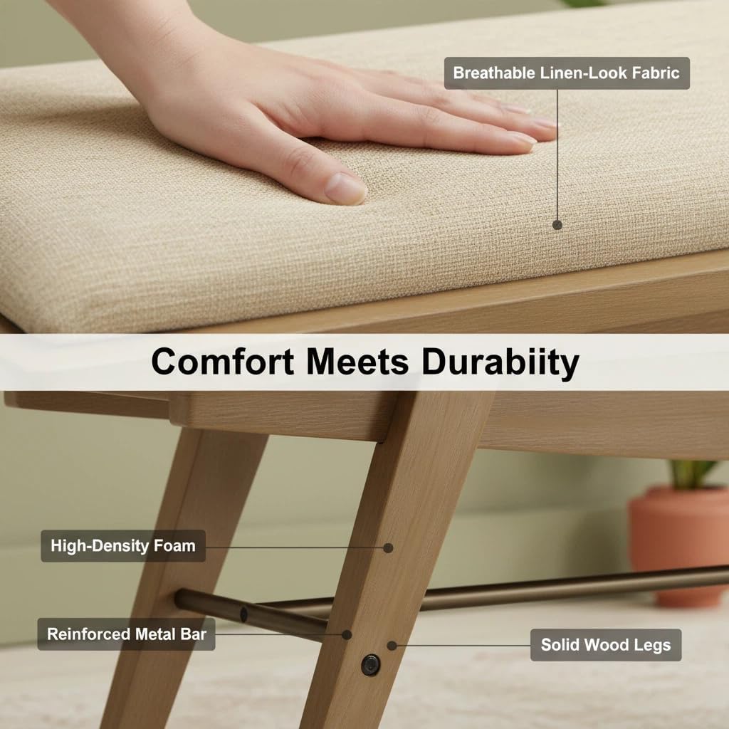 Beige Wooden Upholstered Entryway Shoe Bench