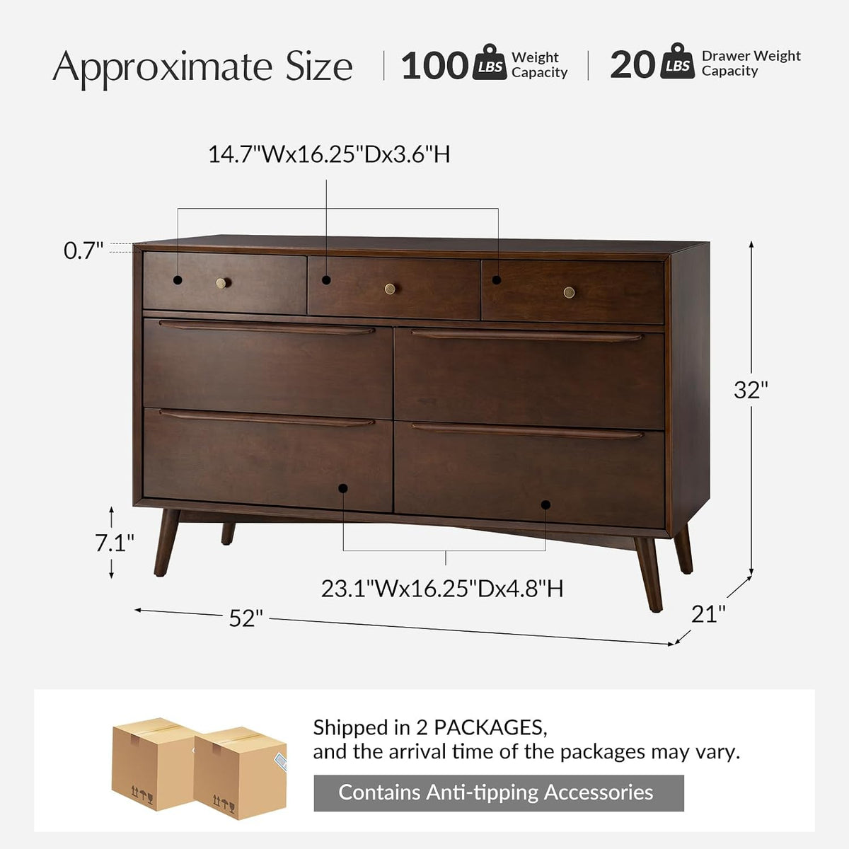 Walnut Mid‑Century 7‑Drawer Dresser