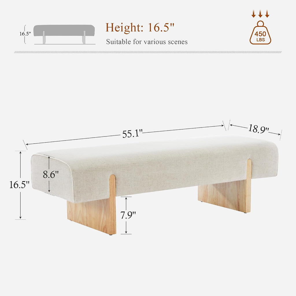 Solid‑Wood Leg Natural‑Linen Upholstered Bed End Bench