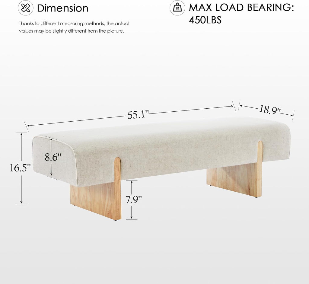Linen Upholstered Solid Wood Bed End Bench