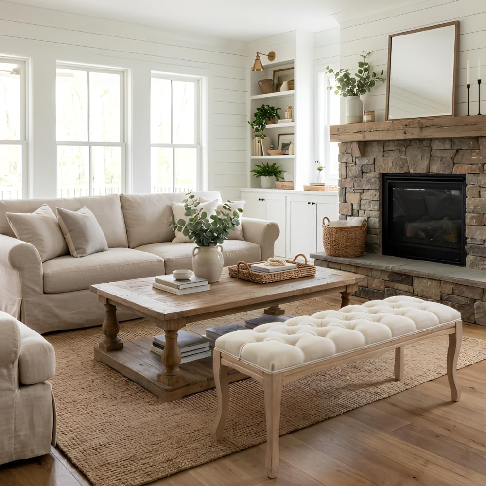 Beige French Vintage Tufted Linen Upholstered Bench
