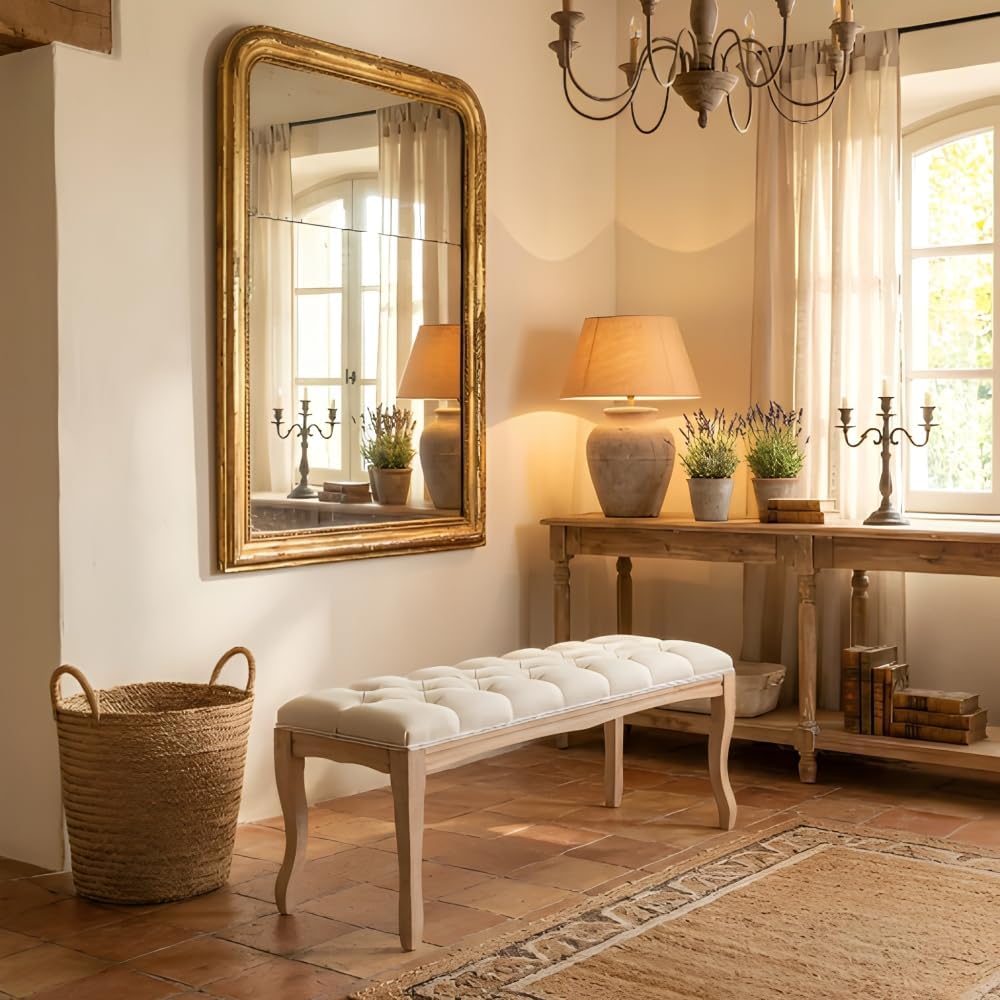 Beige French Vintage Tufted Linen Upholstered Bench