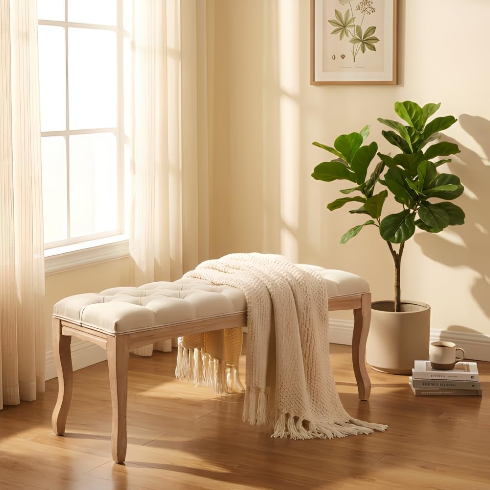 Beige French Vintage Tufted Linen Upholstered Bench