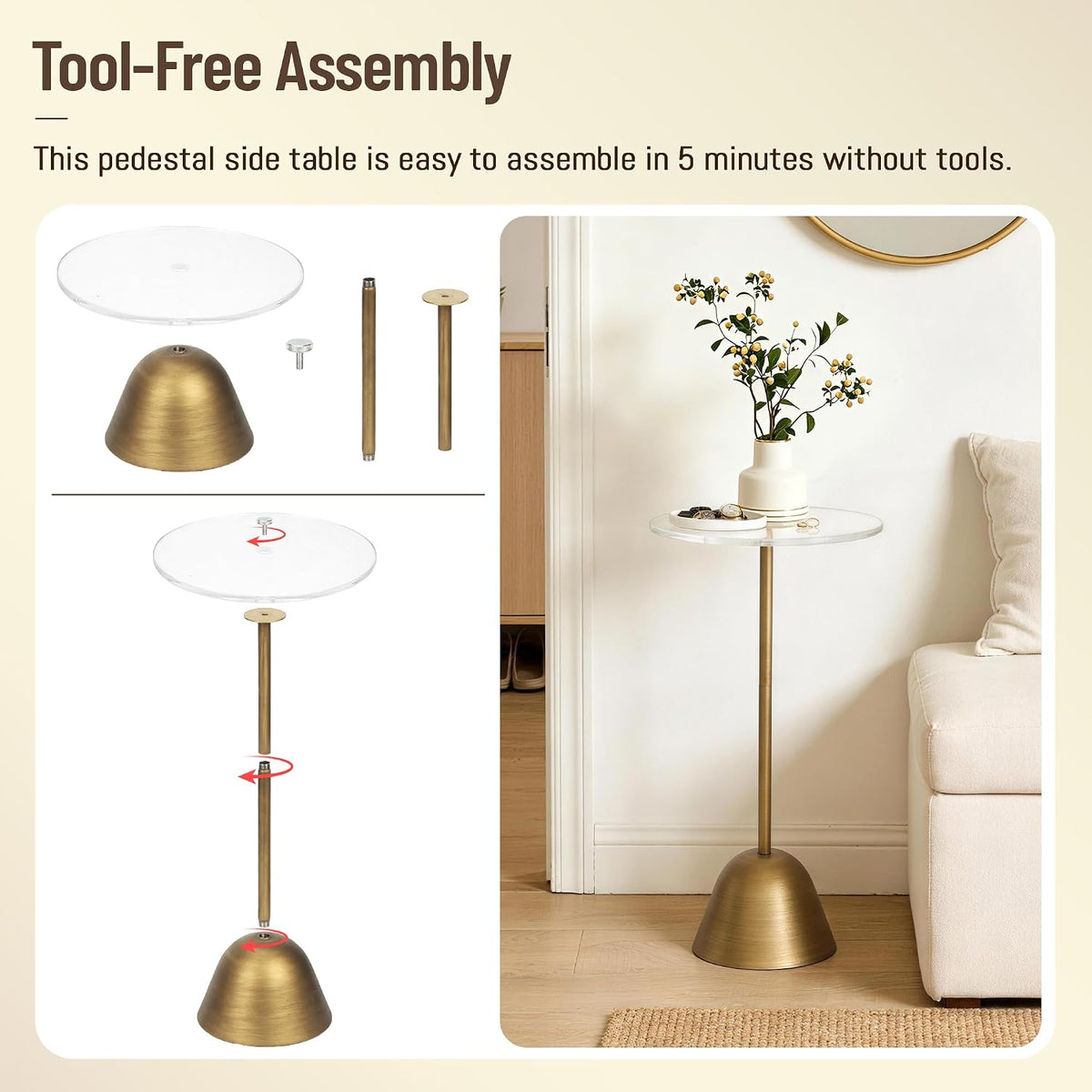 Brass Acrylic Round Pedestal Side Table