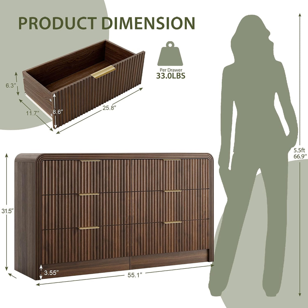 Walnut Fluted 6‑Drawer Dresser