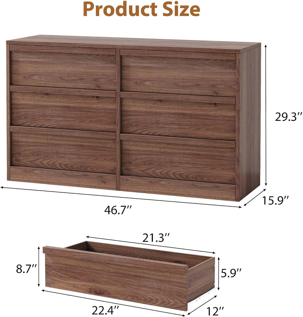 Walnut Wide 6‑Drawer Wooden Dresser