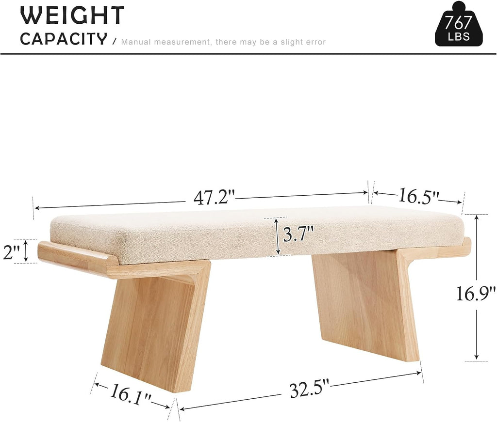 Natural‑Wood Linen Upholstered Bedroom Entryway Bench