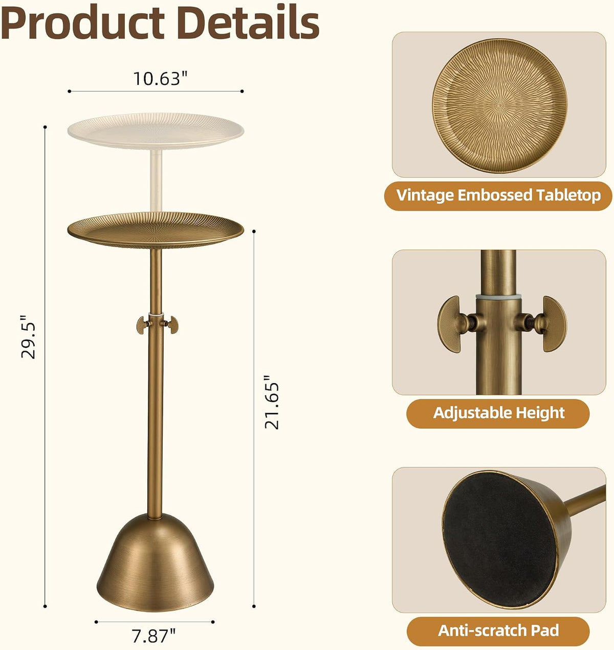 Adjustable‑Height Antique Gold Round Side Table