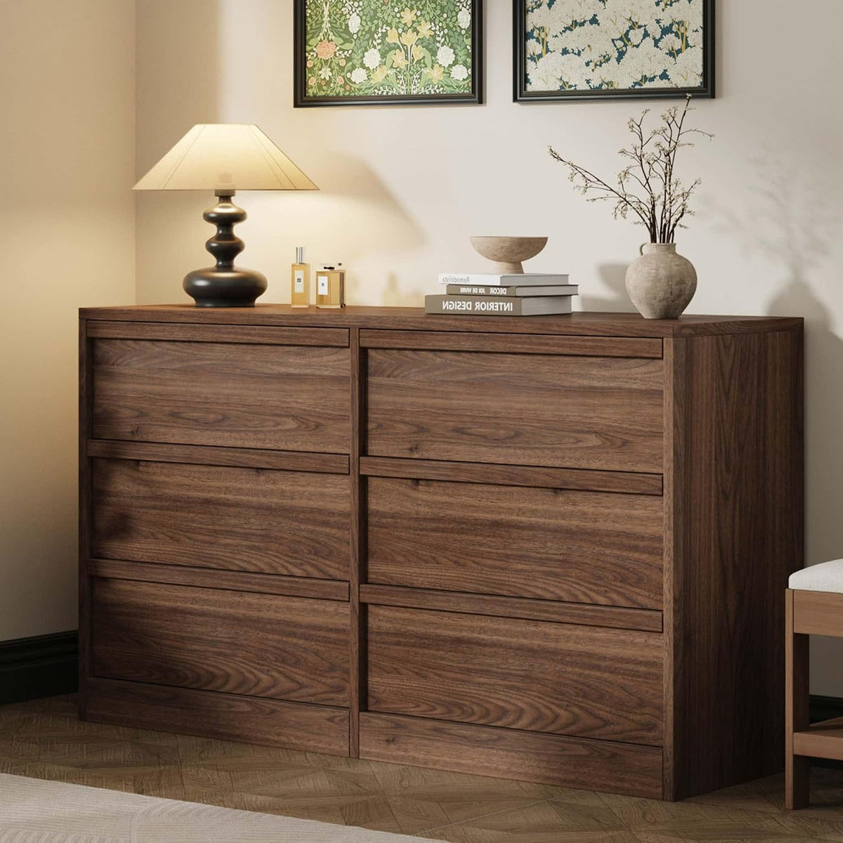 Walnut Wide 6‑Drawer Wooden Dresser