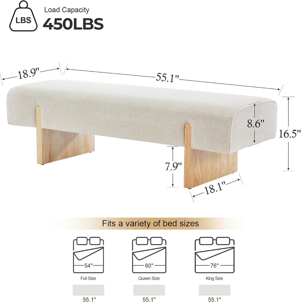 Pale‑Beige Upholstered Solid Wood Bed Bench