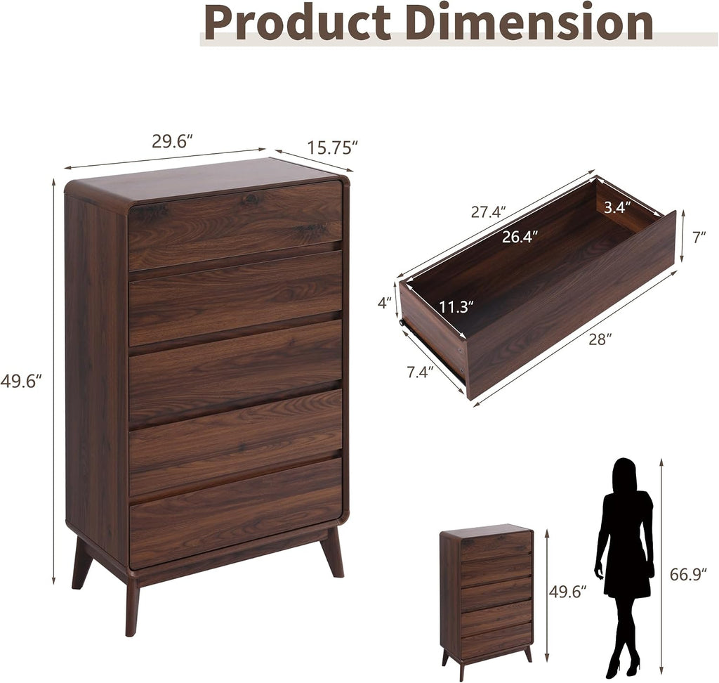 Walnut Tall 5‑Drawer Bedroom Chest Dresser