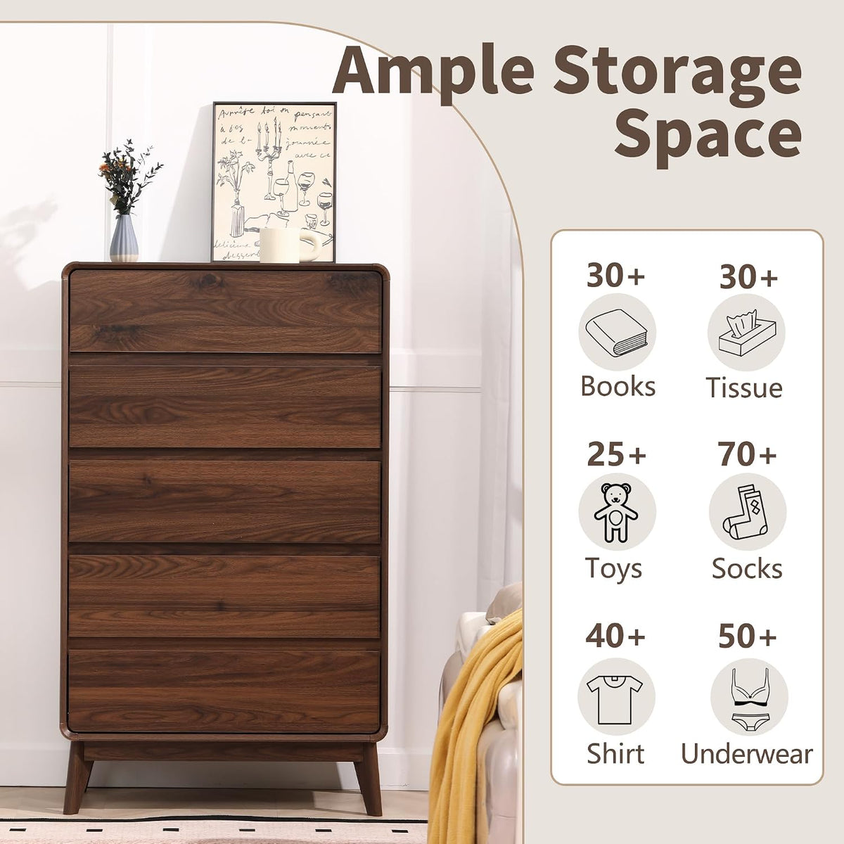 Walnut Tall 5‑Drawer Bedroom Chest Dresser