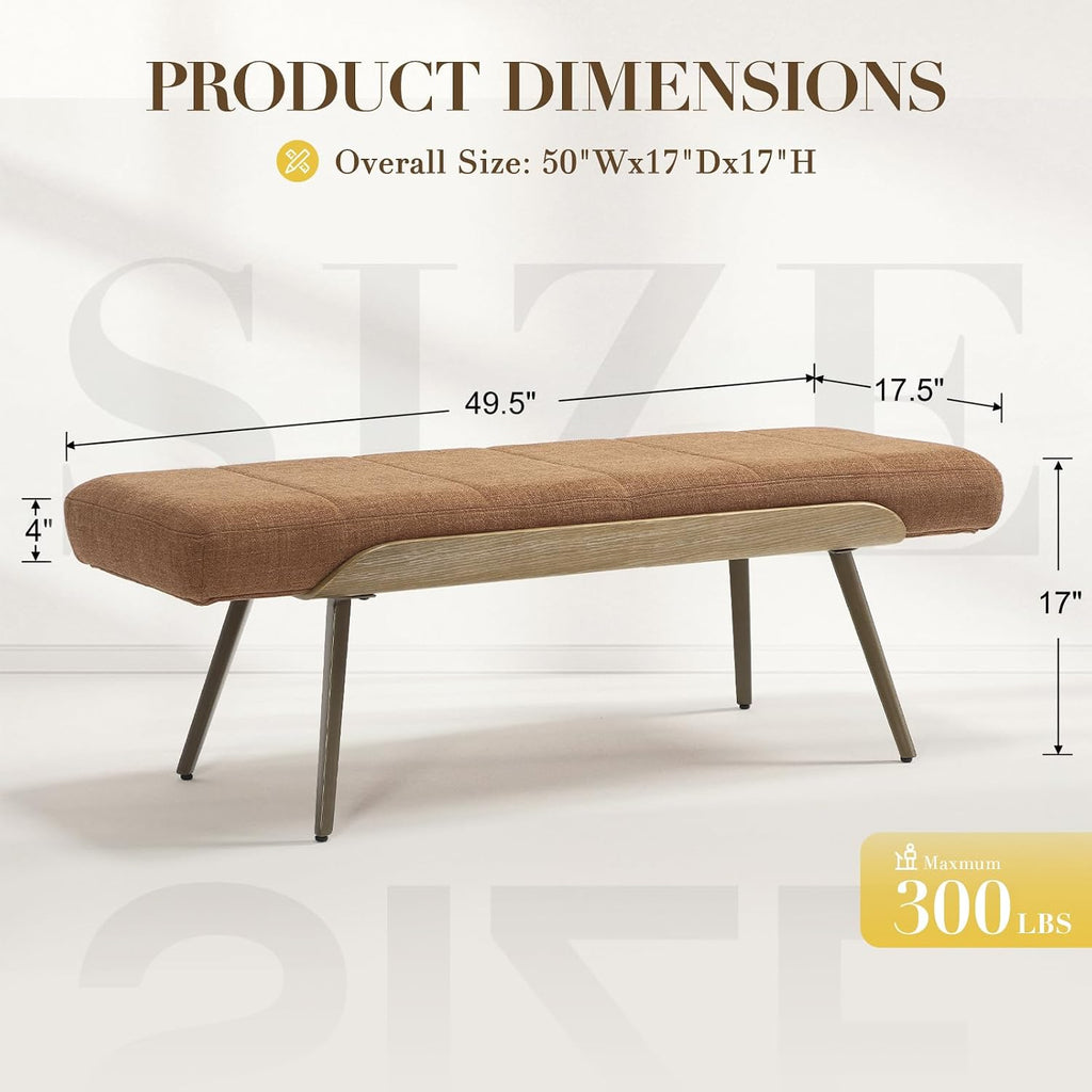 Brown Linen Upholstered Metal‑Leg Ottoman Bench