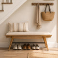 Beige Wooden Upholstered Entryway Shoe Bench