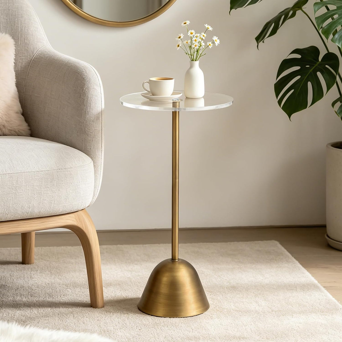 Brass Acrylic Round Pedestal Side Table