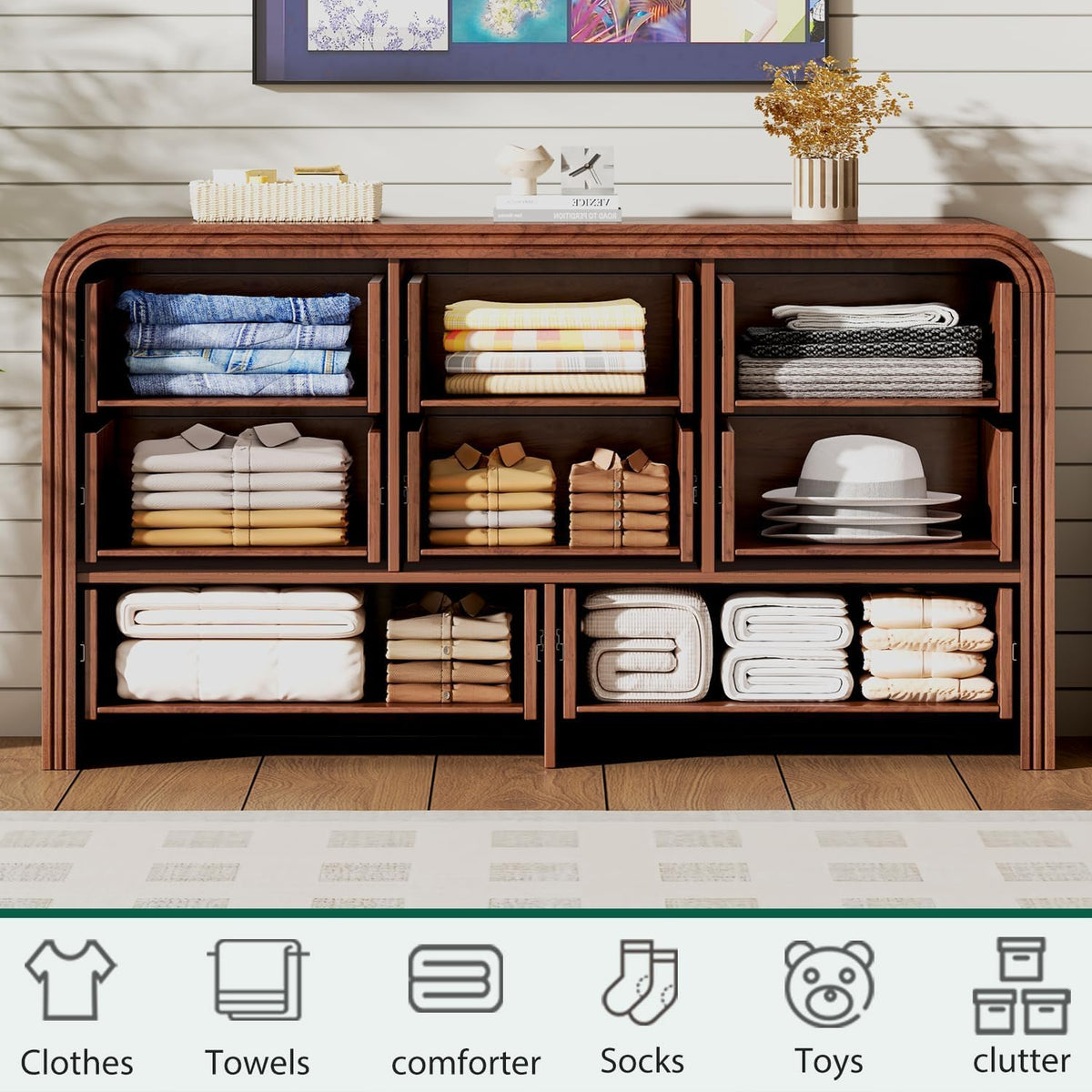 Walnut 8‑Drawer Wide Dresser TV Stand
