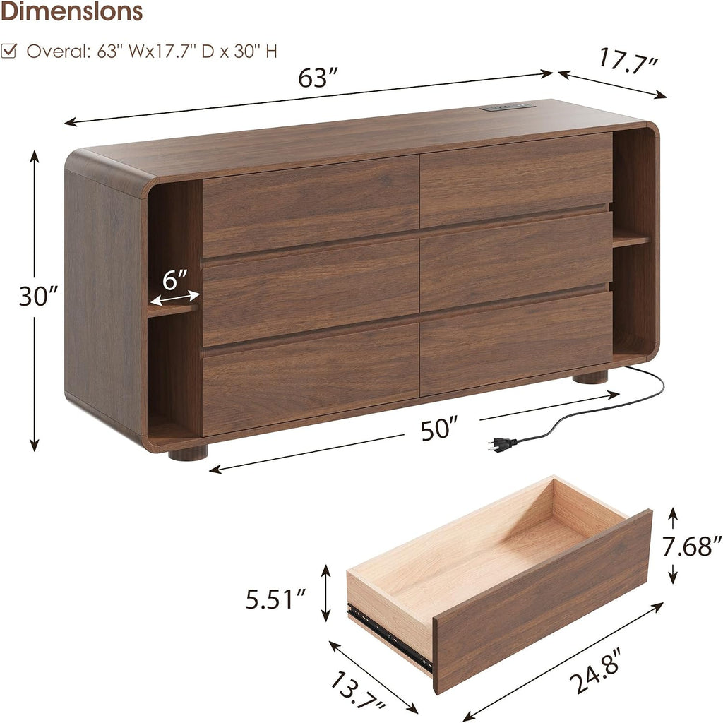 Walnut Rounded‑Corner 6‑Drawer Dresser