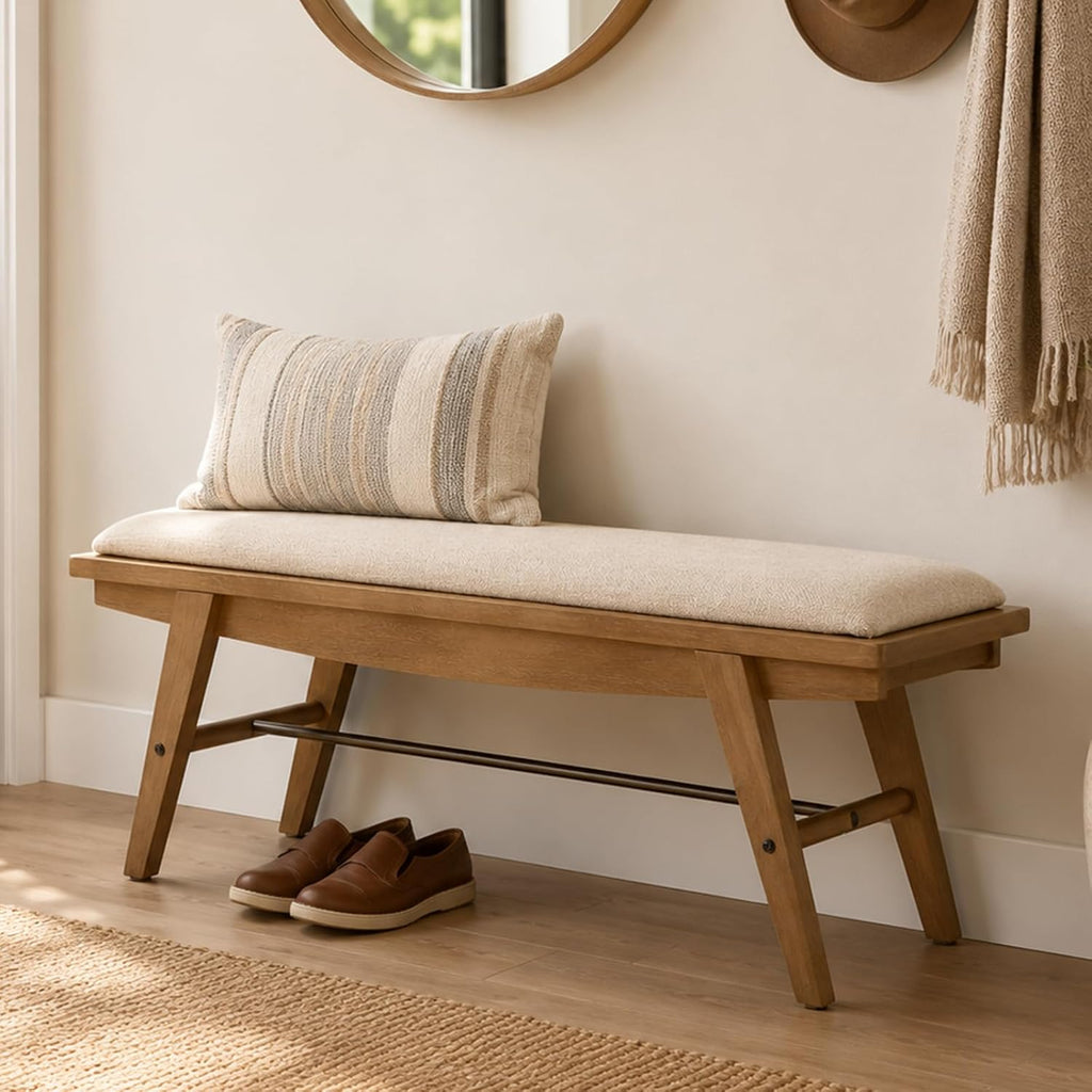 Beige Wooden Upholstered Entryway Shoe Bench