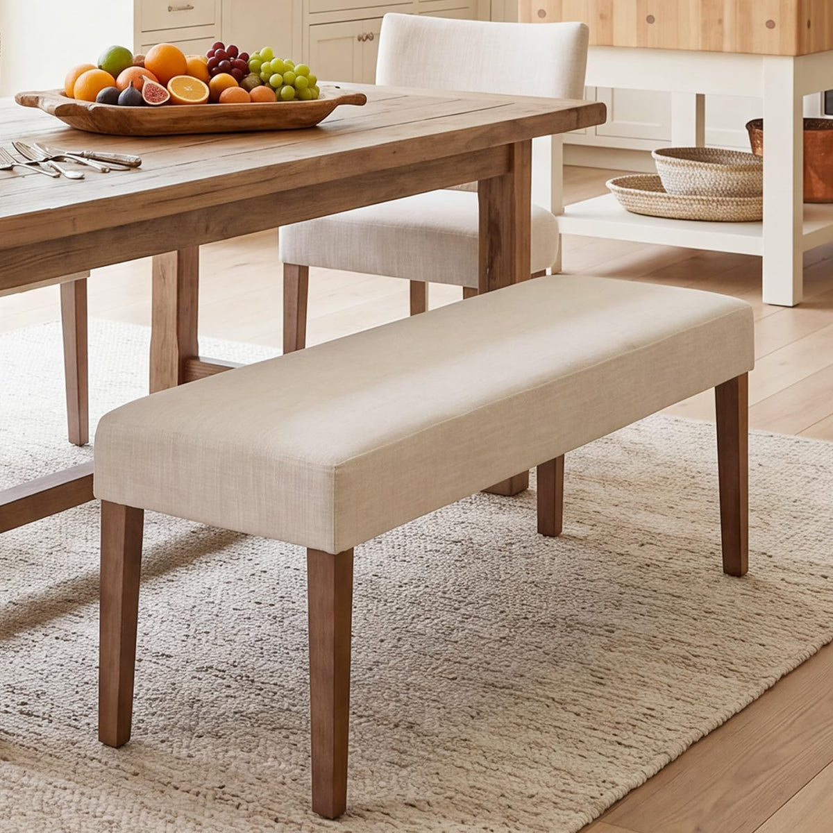 Beige Linen Farmhouse Wood‑Leg Bench