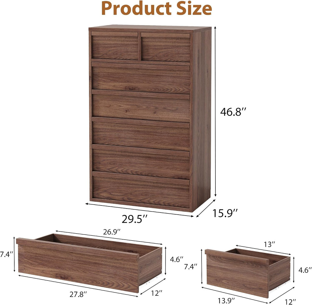 Walnut Tall 7‑Drawer Wooden Dresser
