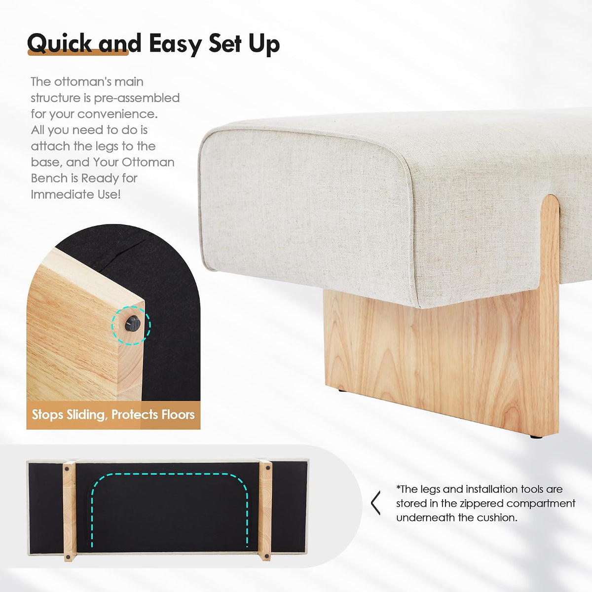Pale‑Beige Upholstered Solid Wood Bed Bench