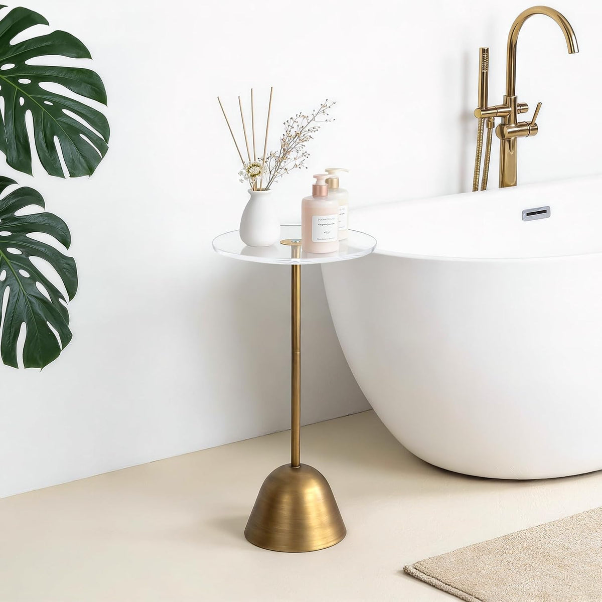 Brass Acrylic Round Pedestal Side Table