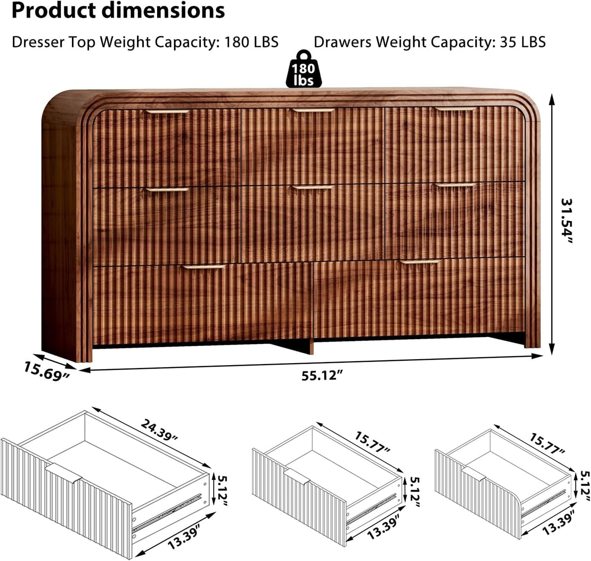 Walnut 8‑Drawer Wide Dresser TV Stand