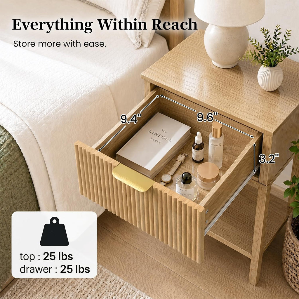 Natural Oak Fluted Drawer Shelf Nightstand