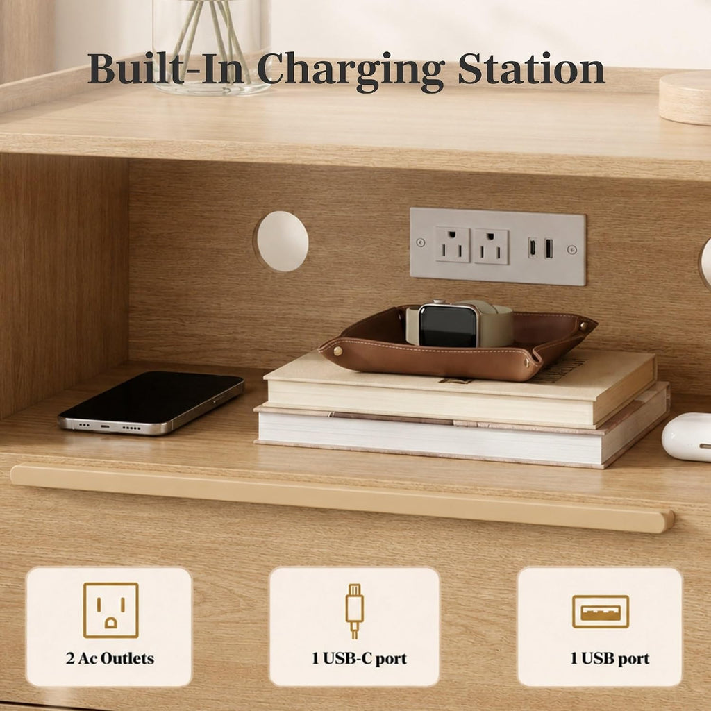 Natural Oak 2‑Drawer Charging Nightstand
