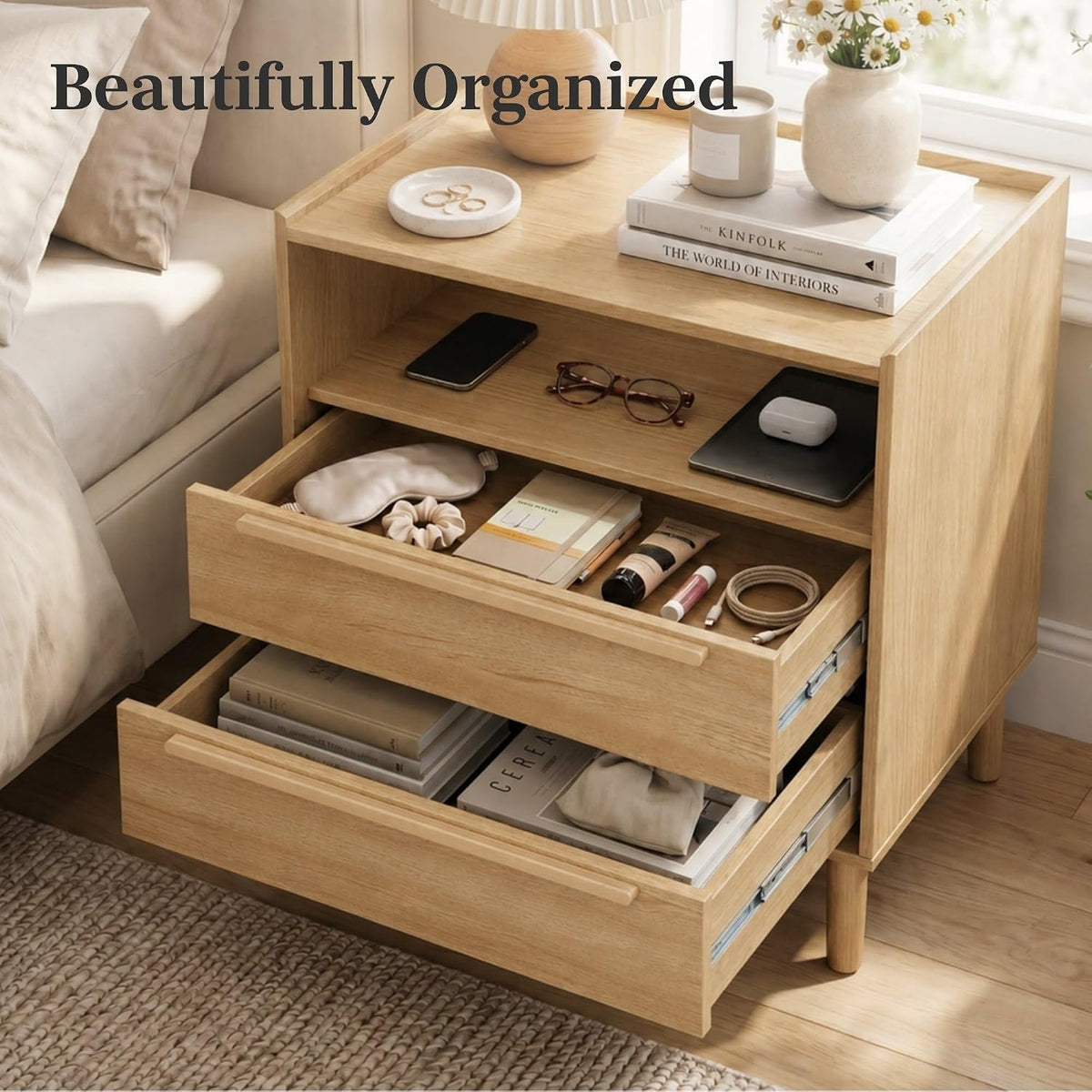 Natural Oak 2‑Drawer Charging Nightstand
