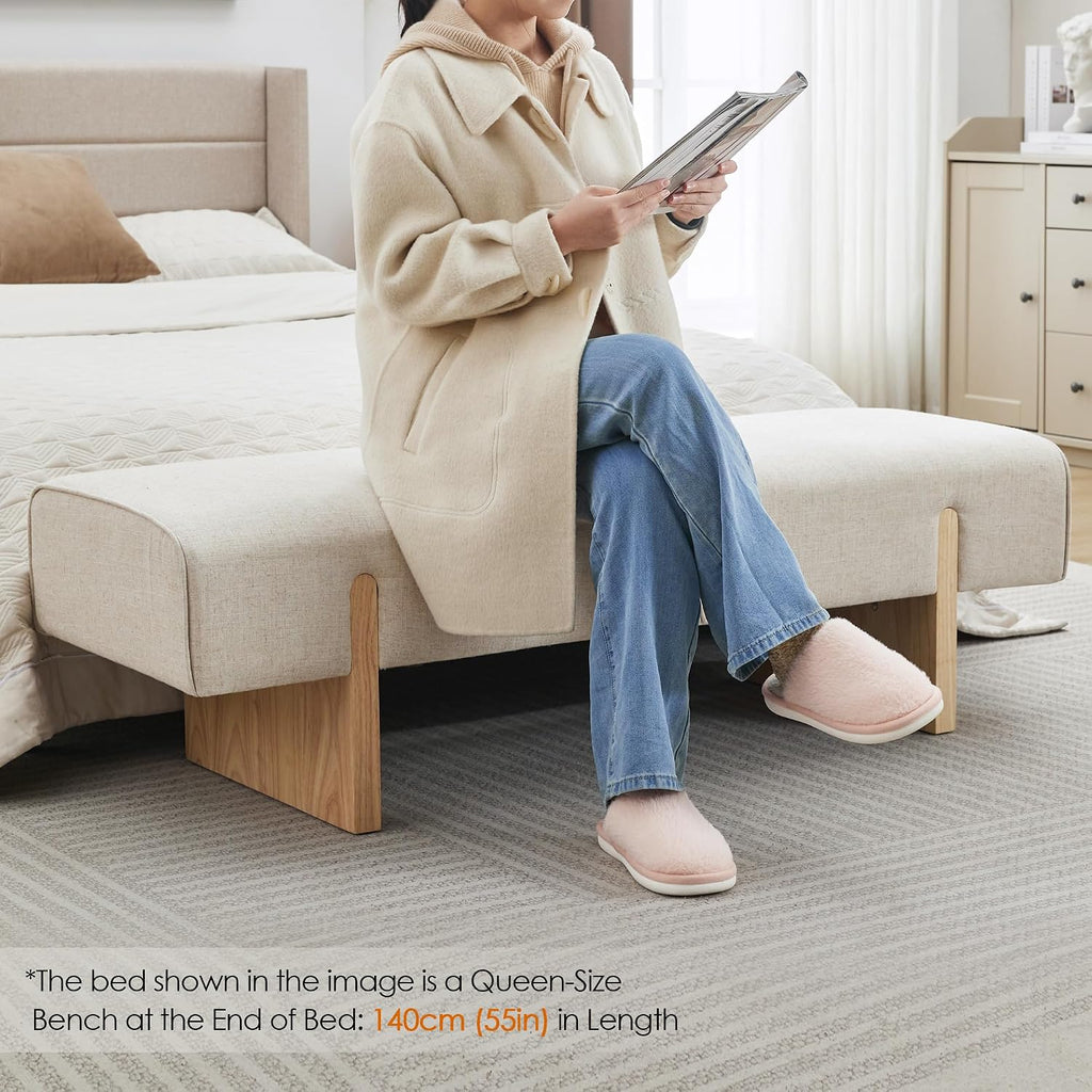 Pale‑Beige Upholstered Solid Wood Bed Bench
