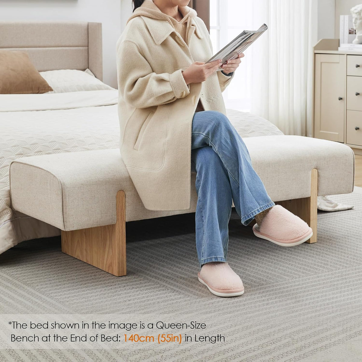 Pale‑Beige Upholstered Solid Wood Bed Bench