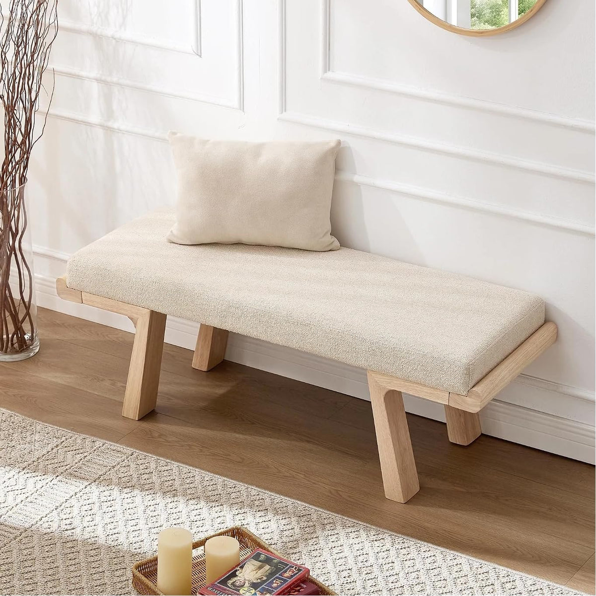Beige Upholstered Solid Wood Entryway Bench