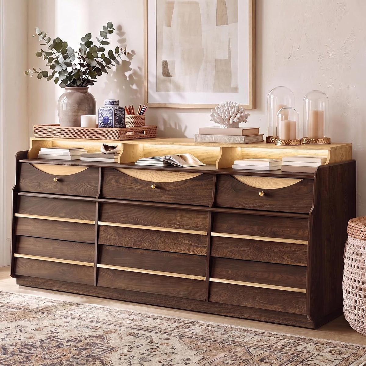 Walnut Curved 9‑Drawer LED Dresser TV Stand