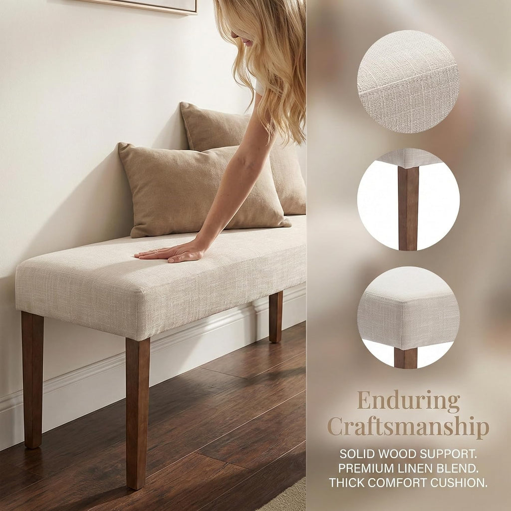 Beige Linen Farmhouse Wood‑Leg Bench