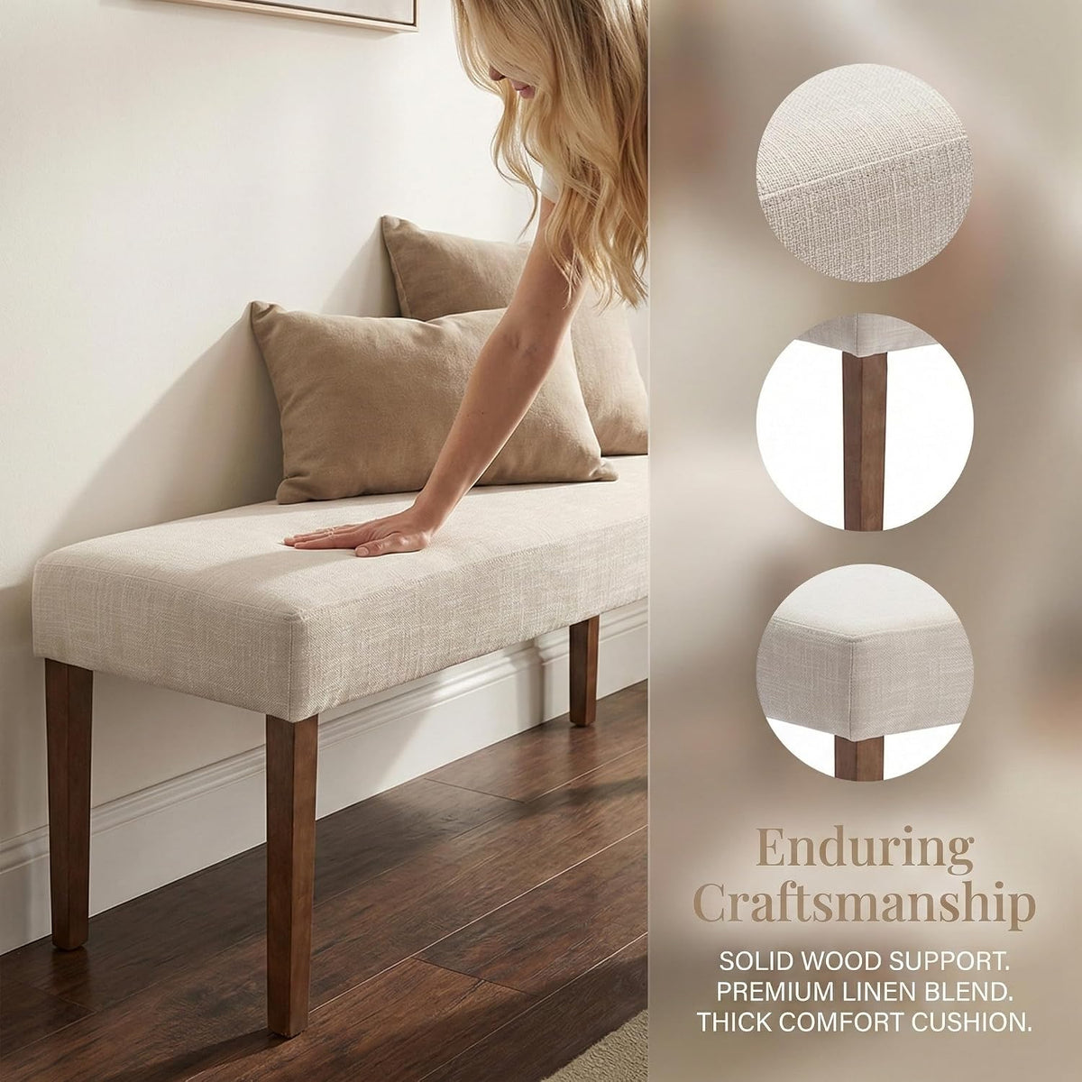 Beige Linen Farmhouse Wood‑Leg Bench