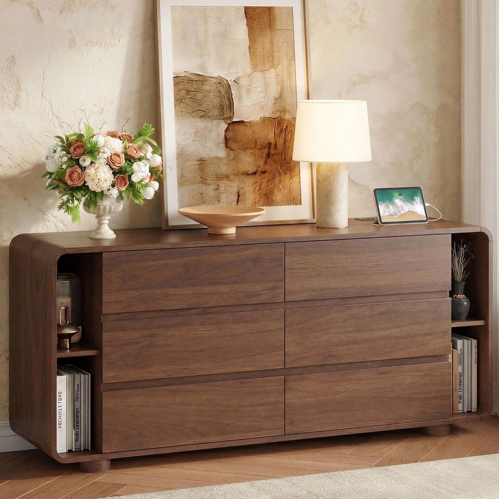 Walnut Rounded‑Corner 6‑Drawer Dresser