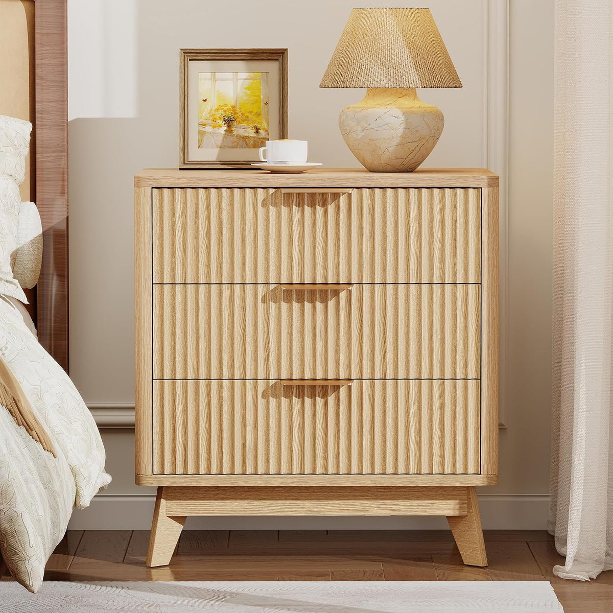 Oak Fluted Nightstand with 3 Drawers