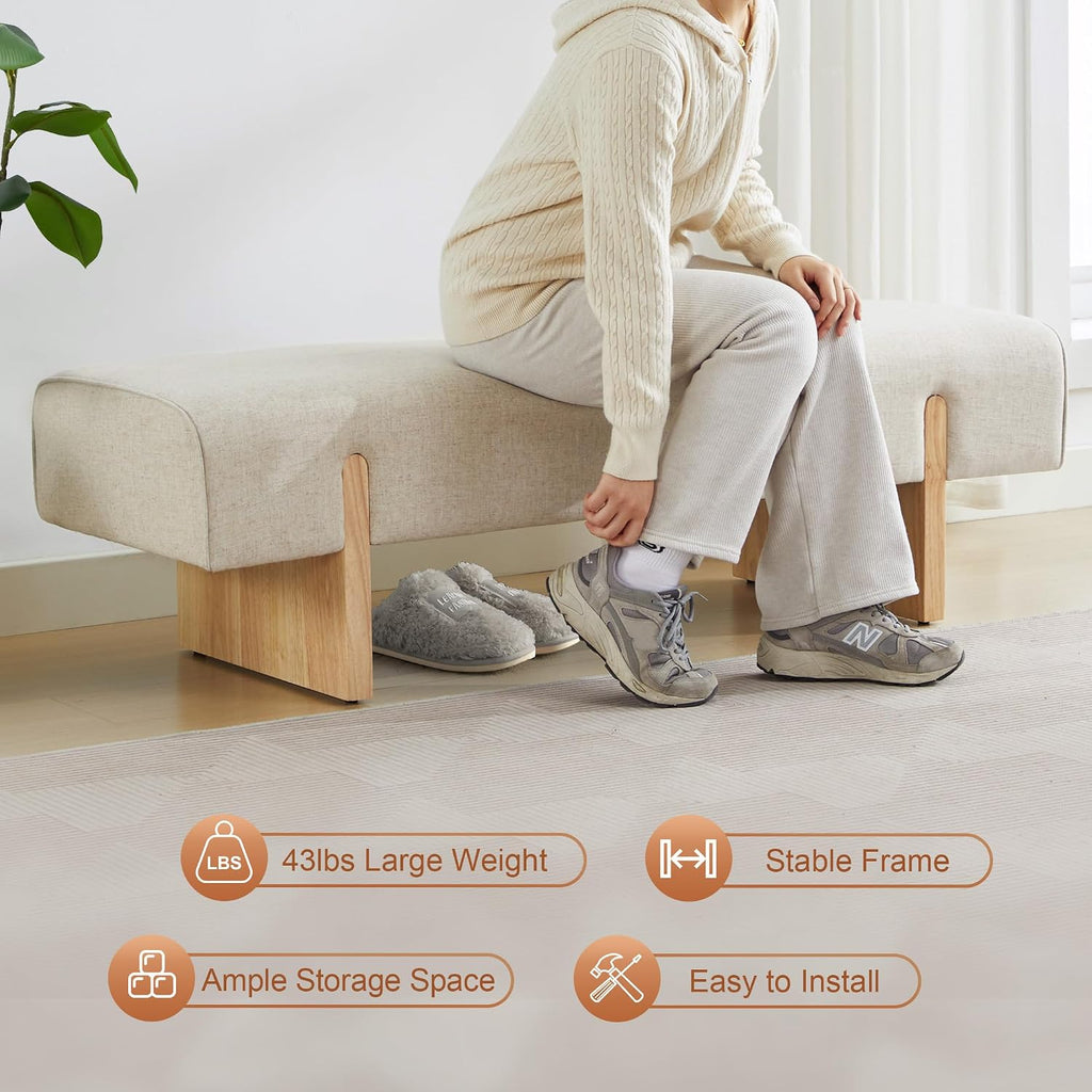 Linen Upholstered Solid Wood Bed End Bench