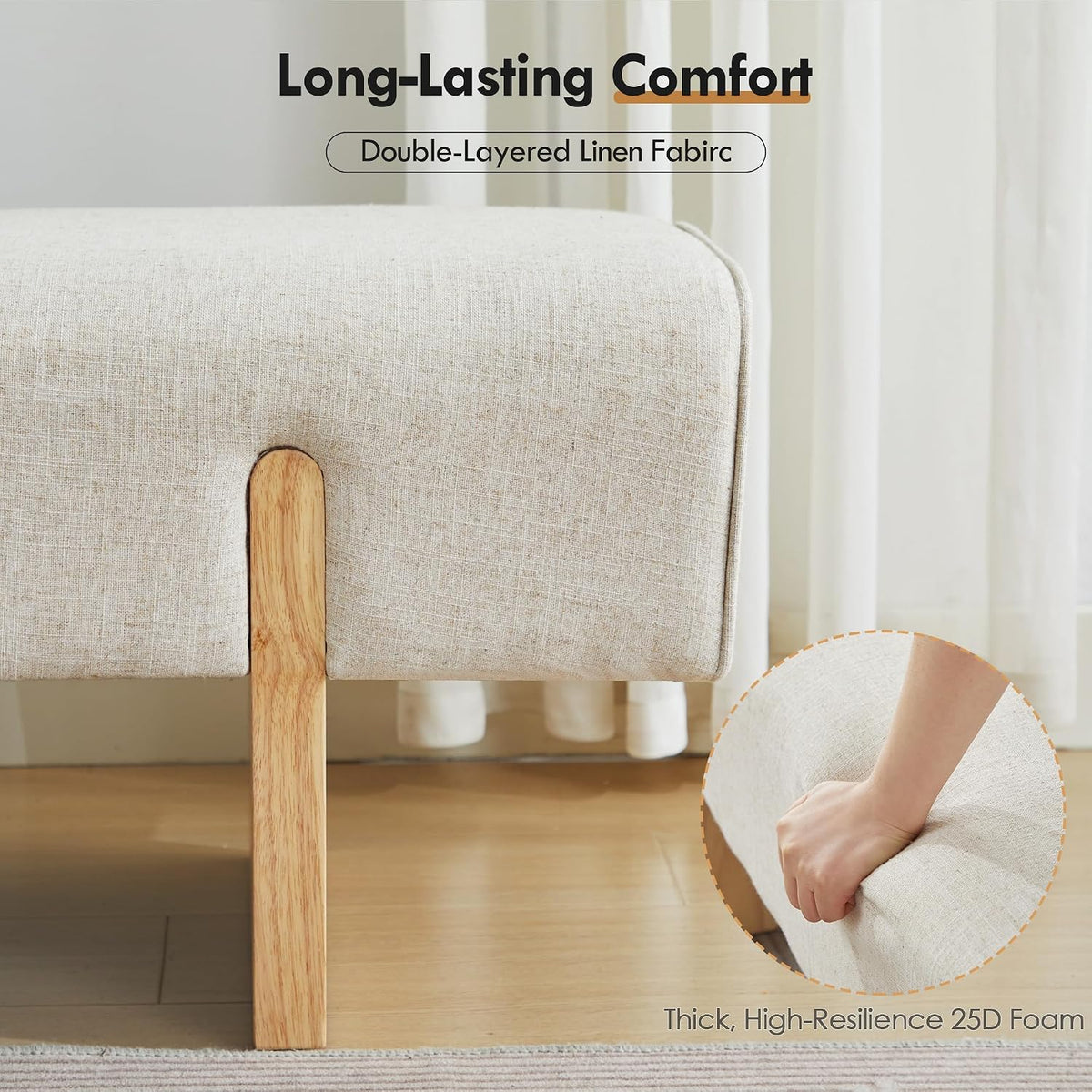 Pale‑Beige Upholstered Solid Wood Bed Bench