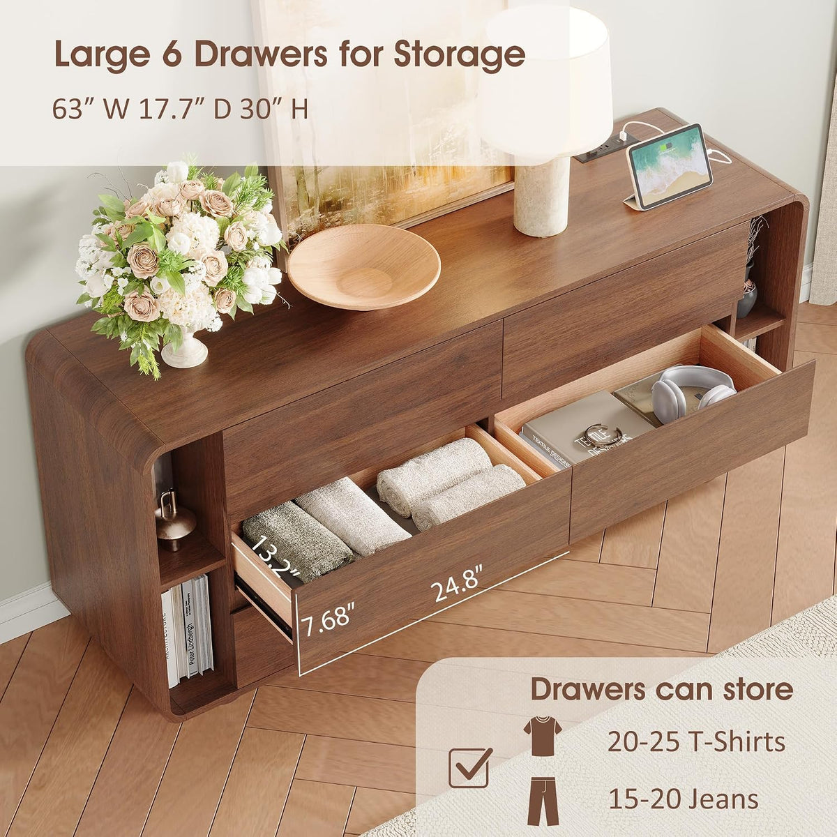 Walnut Rounded‑Corner 6‑Drawer Dresser