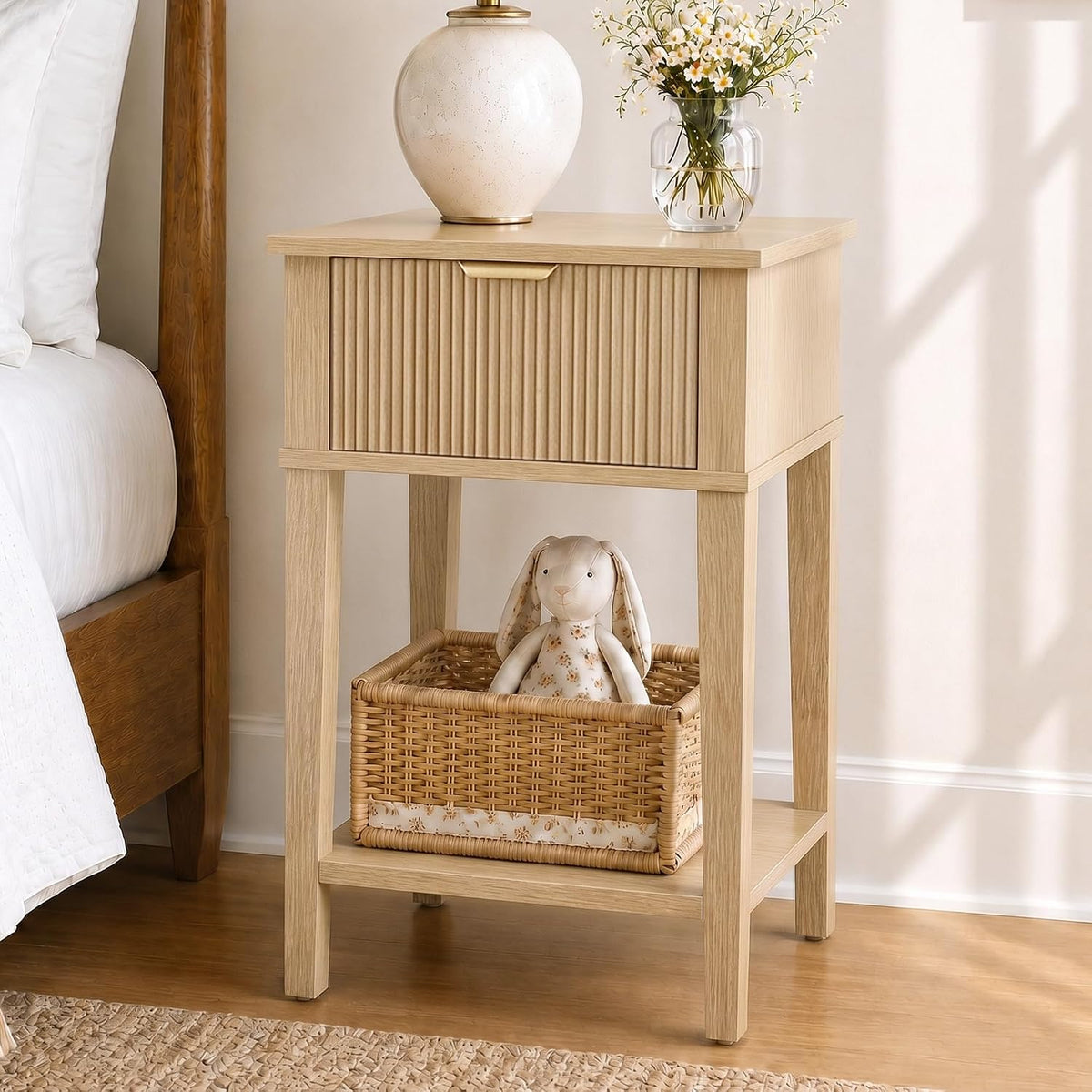 Natural Oak Fluted Drawer Shelf Nightstand