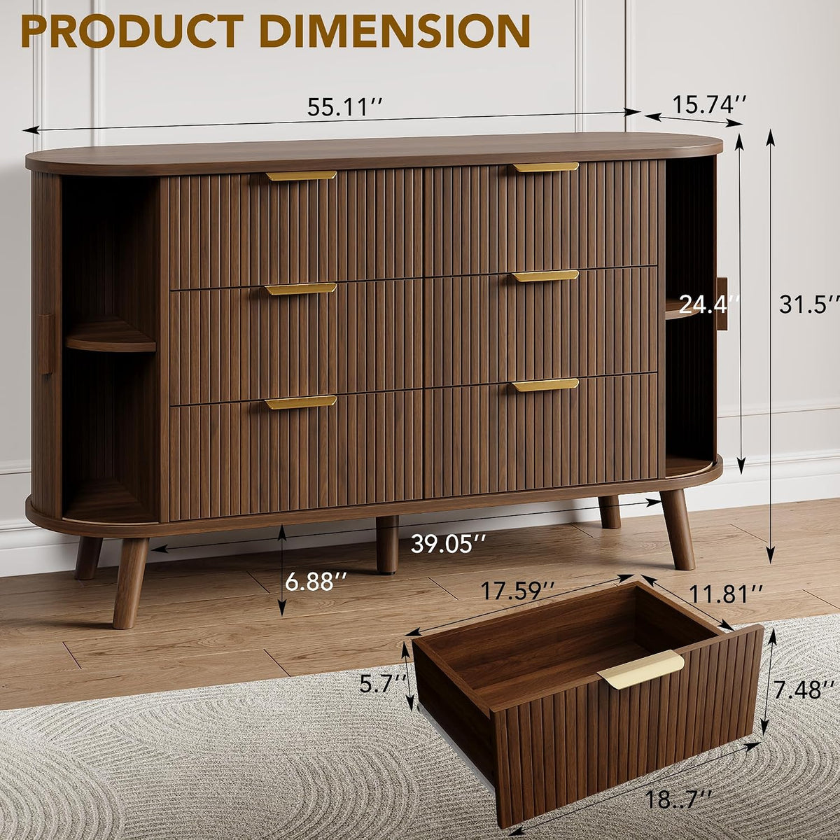 Fluted Mid‑Century 6‑Drawer Dresser