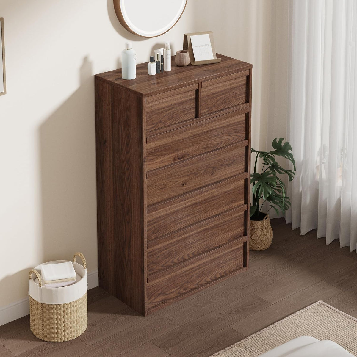 Walnut Tall 7‑Drawer Wooden Dresser