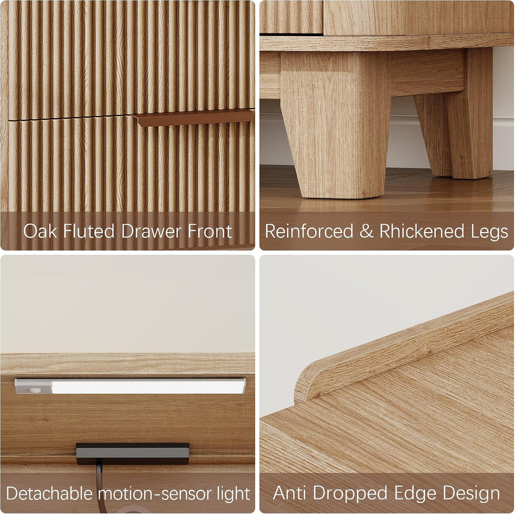 Natural Oak Fluted 2‑Drawer Charging Nightstand